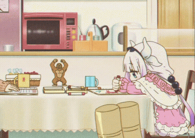 Girl In Pink Dress At Table With Microwave GIF