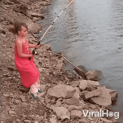 Girl In Pink Dress Holding Fishing Rod GIF