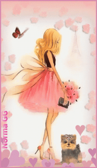 Girl In Pink Dress Holding Flowers And Dog GIF