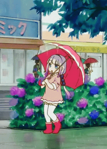 Girl In Pink Dress Holding Red Umbrella In Rain GIF