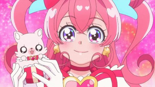Girl In Pink Dress Holding Small Pink Cat GIF
