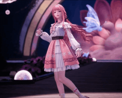 Girl In Pink Dress On Stage With Butterfly GIF