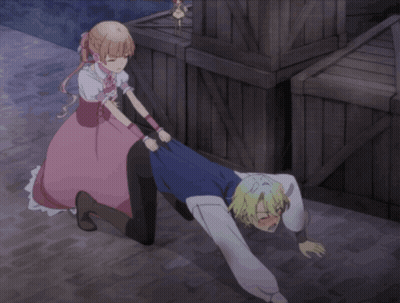 Girl in Pink Dress Pushing Man in Blue Shirt