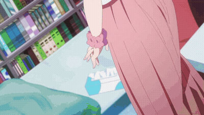 Girl In Pink Dress Standing In Front Of Bookshelf GIF