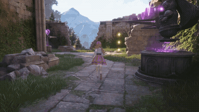 Girl In Pink Dress Walking Down Stone Walkway GIF