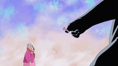 Girl In Pink Dress With Blue Bow And Giant Hand With Red Heart GIF