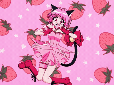Girl In Pink Dress With Cat Ears Surrounded By Strawberries And Stars GIF