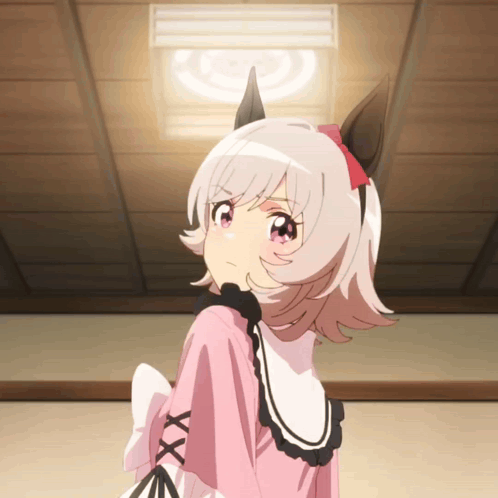 Girl In Pink Dress With Red Bow Looking Up GIF
