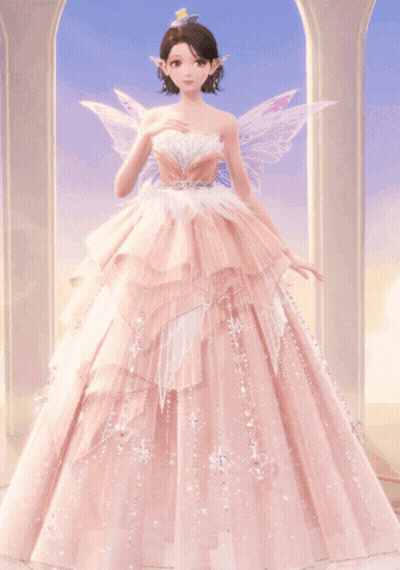 Girl In Pink Dress With Wings Standing In Front Of Window GIF