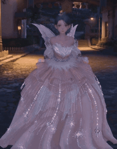 Girl In Pink Dress With Wings Standing On Street GIF