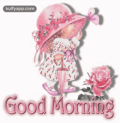 Girl In Pink Hat And Dress Holding Umbrella And Rose GIF
