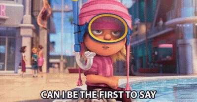 Girl in Pink Hat and Goggles by Pool Saying Can I Be the First to Say