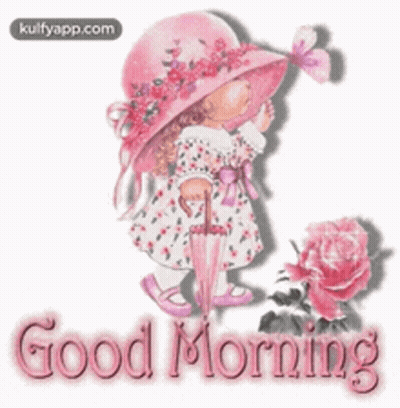Girl In Pink Hat Holding Umbrella And Rose Saying Good Morning GIF
