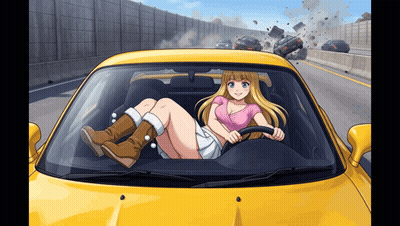 Girl in Pink Shirt Driving Yellow Car on Highway