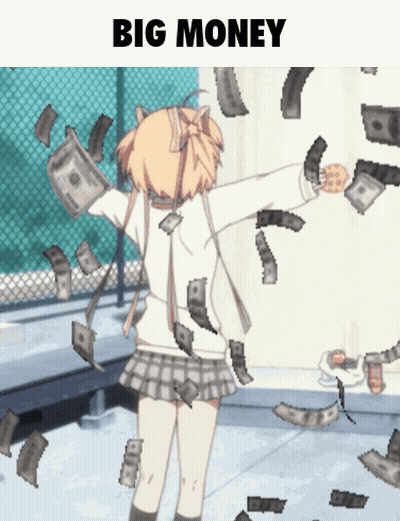 Girl In Plaid Skirt Surrounded By Money Saying Big Money GIF