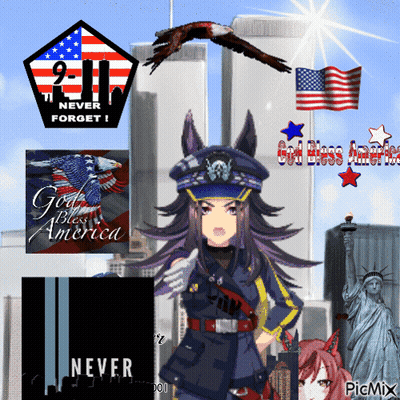 Girl In Police Uniform In Front Of Statue Of Liberty GIF