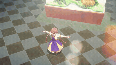 Girl In Purple And Yellow Dress On Checkered Floor GIF