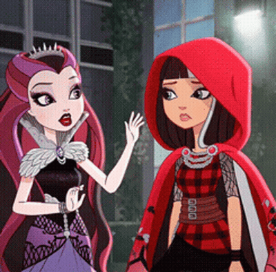 Girl In Purple Dress And Girl In Red Cape Standing Together GIF