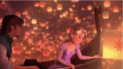 Girl In Purple Dress Sitting In Boat With Man And Lanterns GIF