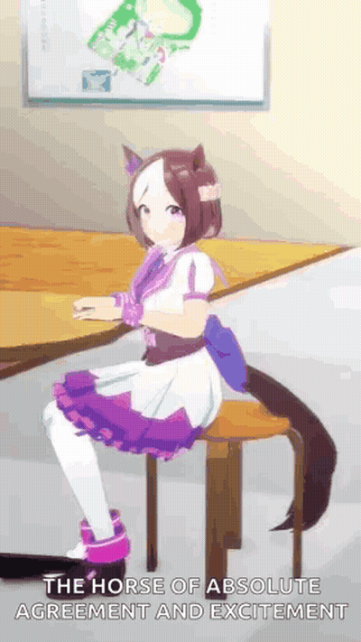 Girl In Purple Dress Sitting With Horse Tail GIF