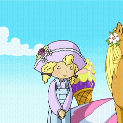 Girl In Purple Hat And Overalls Next To Horse GIF