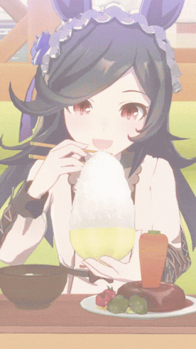 Girl In Purple Headband Eating Rice GIF
