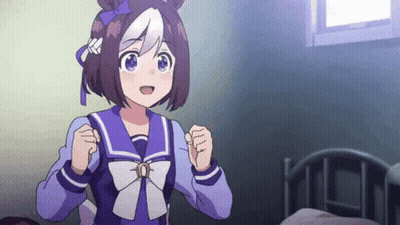 Girl In Purple Uniform Raising Fist By Bed GIF