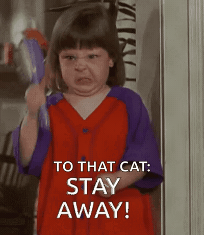 Girl In Red And Purple Shirt Saying To That Cat Stay Away GIF