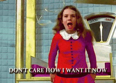Girl In Red Dress By Scale Saying Good And Bad GIF