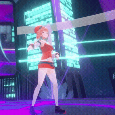 Girl In Red Dress Dancing On Video Game Stage GIF