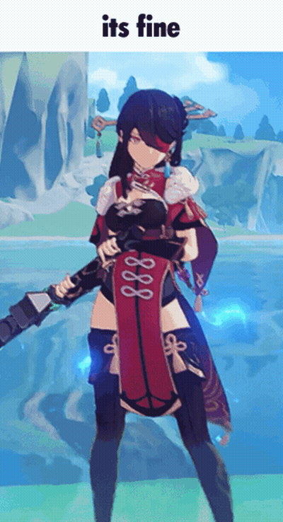 Girl In Red Dress Holding Sword Saying It's Fine GIF