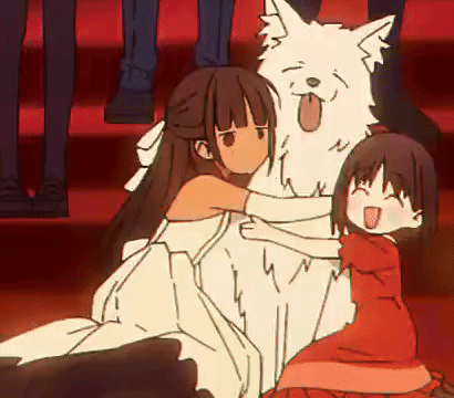 Girl In Red Dress Hugging White Dog GIF