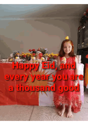 Girl In Red Dress In Front Of Happy Eid Table Sticker