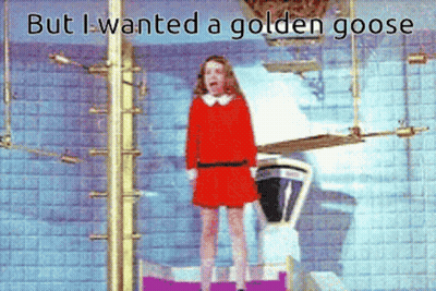 Girl In Red Dress In Front Of Scale Saying But I Wanted A Golden Goose GIF