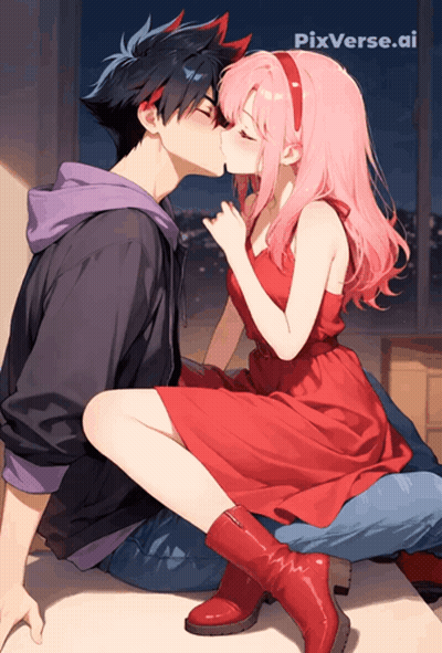 Girl In Red Dress Kissing Boy On Cheek GIF