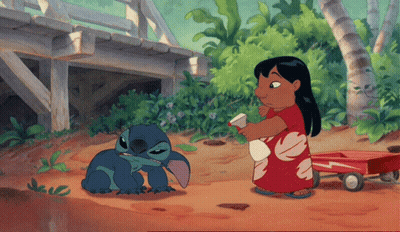 Girl In Red Dress Next To Blue Stitch GIF