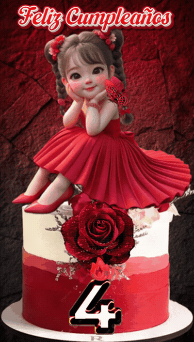 Girl In Red Dress On Birthday Cake GIF
