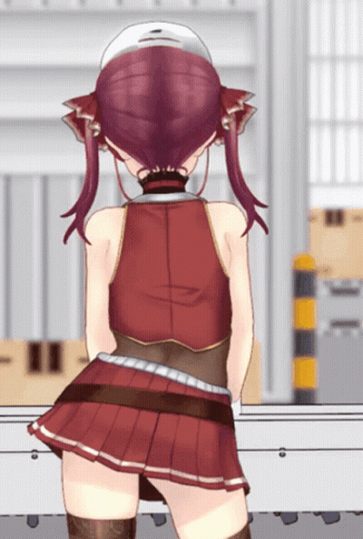 Girl In Red Dress Standing In Warehouse GIF