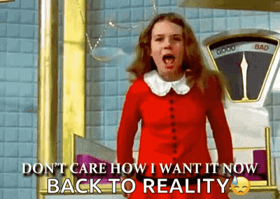 Girl In Red Dress Standing On Scale Saying Don't Care How I Want It Now GIF