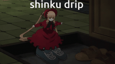 Girl In Red Dress Standing On Shoes Shinku Drip GIF