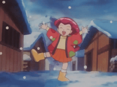 Girl In Red Jacket And Skirt Standing In Snow GIF