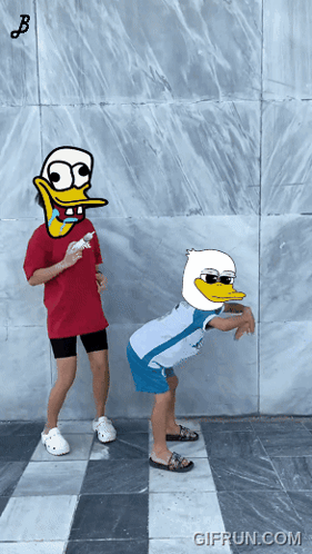 Girl In Red Shirt Standing Next To Boy With Duck Head GIF