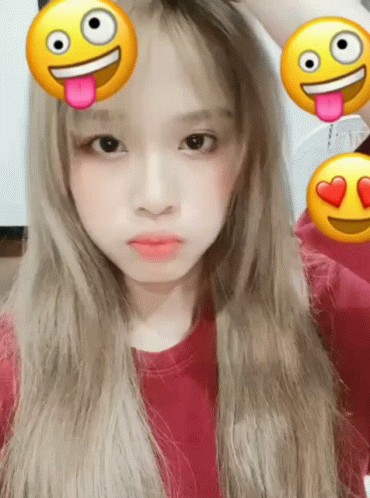 Girl In Red Shirt With Three Emojis On Face GIF
