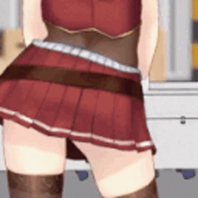 Girl In Red Skirt And Thigh High Socks Standing Before White Cabinet GIF