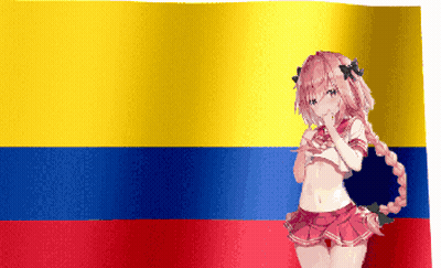 Girl In Red Skirt By Yellow Blue Red Flag GIF