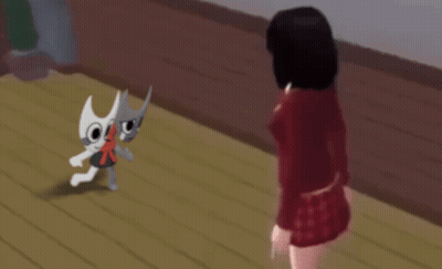 Girl In Red Skirt Next To Two Cartoon Characters GIF