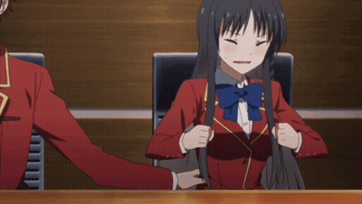 Girl In Red Uniform With Blue Bow Touched By Man GIF