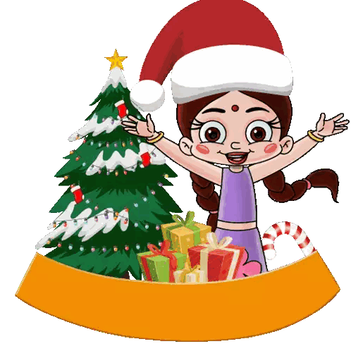 Girl In Santa Hat Next To Christmas Tree Sticker