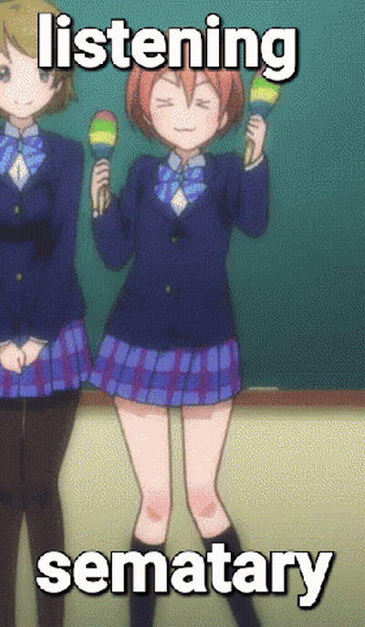 Girl in School Uniform Holding Maracas Saying Listening Sematary