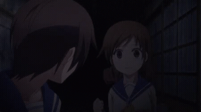 Girl In School Uniform Salutes Boy In Dark Room GIF